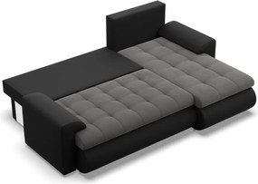 Tokio sarokkanapé, 2 ágyneműtartóval, bársony + műbőr, jobboldali, szürke - fekete