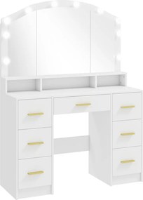 HOMCOM Fésülködőasztal, 10 LED Hollywood lámpával, 7 fiókkal, 3 rekesszel, 110 x 40 x 150 cm, fehér