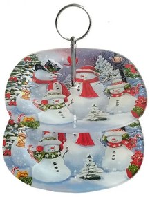 karácsonyi üveg két emeletes süteményes állvány Hóemberes