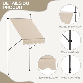 Outsunny Szabadonálló Kézi Kihúzható Napernyő 1,5L x 1,2W x 2,1-3H m Állítható Dőlésszögű Teraszra Fúrás Nélkül Alumínium Poliészter Homok | Aosom