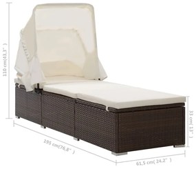 barna polyrattan napozóágy napellenzővel és párnával
