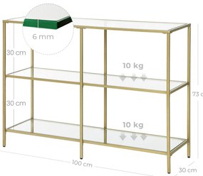 Edzett üveg konzolasztal 100 x 30 x 73 cm, lerakóasztal 3 polccal, arany