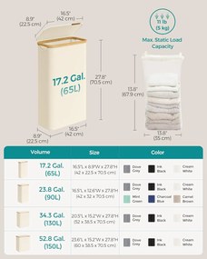 Keskeny szennyeskosár fedéllel, 65 L, krémfehér