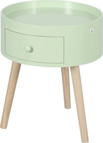 HOMCOM Távollévő Asztal - Éjjeliszekrény - Kerek Éjjeliszekrény - Skandináv Stílusú Oldal Asztal Fiokkal, Kúp alakú, Dőlt Szilárd Fa Lábakkal Zöld | A