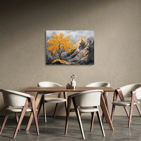 Üveg kép – Arany fa a hegyekben (70x50 cm)