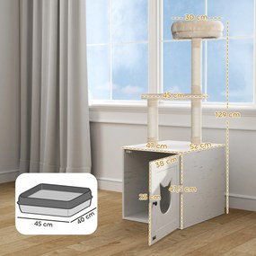 PawHut Macskafa WC Házzal, 2-in-1 Játék Torony, Macskaágy Alomtálcával, Kaparóoszlopokkal, Platform, Ágy, Krém | Aosom