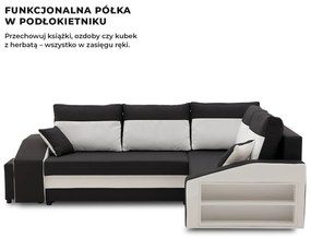Grande sarokkanapé polcokkal és puffokkal , polc a jobb karfaban puffok a bal karfaban, jobboldali, szövet anyag, hab töltet, fekete - fehér