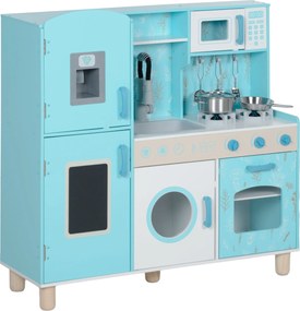 AIYAPLAY Játék Konyha Gyermekeknek 3 Éves Kortól - Fa Konyha Hang Stovval, Sütővel, Mosogatóval, Mikróval, Mosógéppel, Jéggyártóval és Kék Konyhai Kie