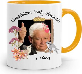 Sárga Vicces Bögre Jaroslaw Kaczynski felirattal, fényképpel