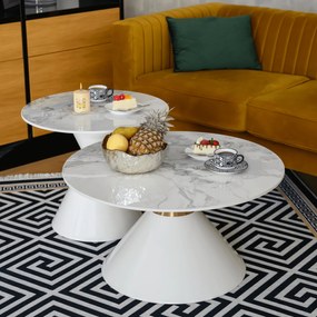 Dohányzóasztalok, 2 db-os szett, fehér márvány/fehér/arany, acél, MABUZ