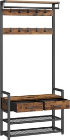 Előszobafal paddal és cipőtárolóval, 2 textilfiókkal, 10 akasztóval, rusztikus barna és tinta fekete