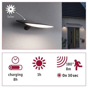 Paulmann 94339 Outdoor solar Kiran kültéri fali lámpa, antracit, 3000K melegfehér, beépített LED, 600 lm, IP44