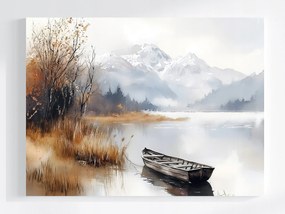 Vászonkép Canvas Tájkép Szabadtér Hegyek Tó Csónak Köd Ősz 100x75