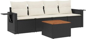 vidaXL 5 részes fekete polyrattan kerti kanapészett párnákkal