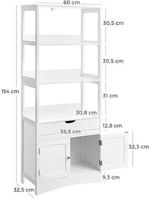 Álló fürdőszoba szekrény fiókkal és szerkénnyel, 3 polccal, fehér, 60 x 32 x 154 cm