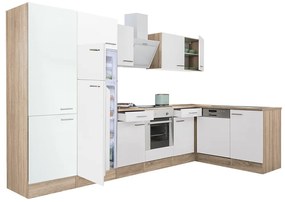 Yorki 340 sarok konyhabútor sonoma tölgy korpusz,selyemfényű fehér front alsó sütős elemmel polcos szekrénnyel, felülfagyasztós hűtős szekrénnyel