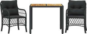 vidaXL 3 részes fekete polyrattan bisztrógarnitúra párnával