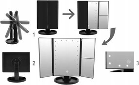 Állítható, forgatható, kihajtható LED-es tükör, fekete