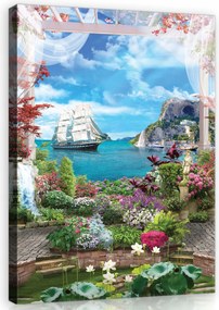 Vászonkép 40x60 Tengeri táj virágzó kert kék tenger vitorlás sziget