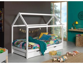 Fehér házikó alakú borovi fenyő gyerekágy kihúzható pótággyal, tárolóhellyel 90x200 cm DALLAS – Vipack