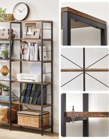 Ipari stílusú 6-szintes könyvespolc rusztikus barna és fekete színben
