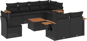 vidaXL 9 részes fekete polyrattan kerti ülőgarnitúra párnákkal