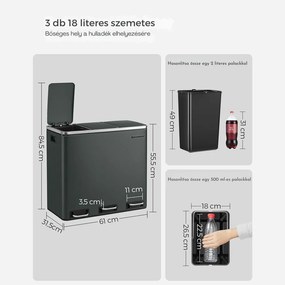 SORT szelektív hulladékgyűjtő 54 l (3×18 l), antracit/ezüst SongmicsHome