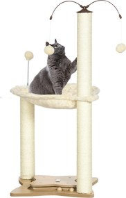 PawHut Macska Kaparófája Függőággyal 90 cm Magas Macska Torony Lógó Forgó Labdákkal Szórakoztató Játékokkal 53.5x53.5x90 cm Bézs | Aosom