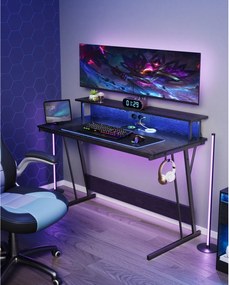 Számítógép asztal, gaming asztal, beépített LED fénnyel és elosztóval, fekete, 60x120x76cm