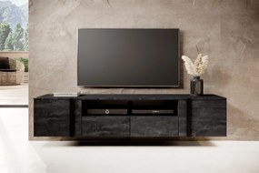 Verica 200 cm-es TV-szekrény, falra szerelhető, nyitott polccal - szénfekete / fekete fogantyúk