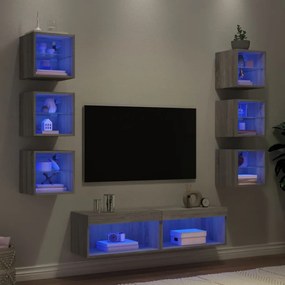 8 darab szürke sonoma színű szerelt fa fali TV-bútor LED-del