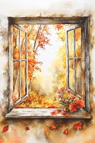 Vászonkép Canvas Ablak Dekoráció Kilátás Fa Ősz Virágok 40x60