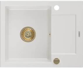 Mexen Enzo1-medencés gránit mosogató edényszárítóval 576 x 465 mm, Fehér, szifon Arany - 6506571005-20-G