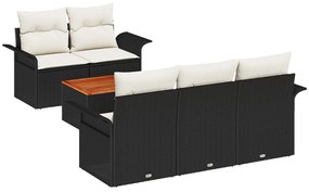 6 Darabos Kert Kanapé Készlet Párnákkal Fekete Poli Rattan Akác, 2-Személyes Kert Kanapé Tárolóval és Párnákkal Fekete Poli Rattan