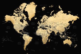 Black and gold detailed world map with cities, Eleni Térképe, Blursbyai, (40 x 26.7 cm)