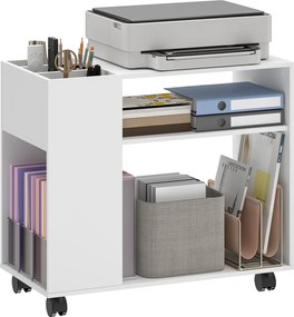 HOMCOM nyomtatóállvány osztható rendezővel, polcokkal és fékezőkerekekkel — kompakt irodai kocsi nyomtatóhoz, faxhoz és szkennerhez, 70 x 34 x 60 cm,