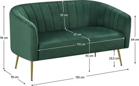 Design kétszemélyes kanapé, sötétzöld Velvet szövet/gold króm-arany, BAGY