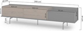 Zenar TV-szekrény 200 cm fém lábakkal és fiókkal - elegáns dió / fekete