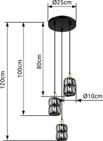 Globo 15761-3B Függeszték, matt fekete fém, füstszínű üvegkristályok, sárgaréz színű matt fém, fekete PVC kábel,ø: 250mm, M: 1200mm, exkl. 3x E14 40W 230V