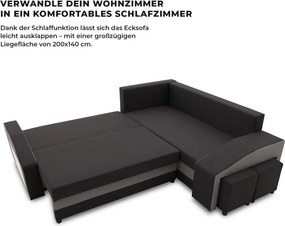 Grande sarokkanapé polcokkal és puffokkal , polc a bal karfaban puffok a jobb karfaban, jobboldali, szövet anyag, bonell töltet, fekete - szürke