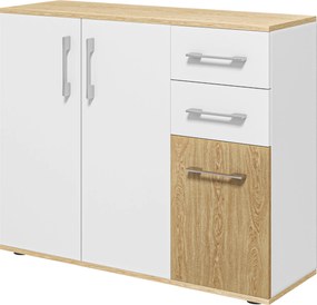 HOMCOM Modern Nappali Vitrin Konyhai Oldalszekrény 2 Fiokkal, 2 Szekrénnyel és Állítható Polccal | 90x30x75.5 cm Fehér és Natúr | Aosom