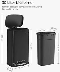 30 literes pedálos szemetes, acél, belső vödörrel, halk záródású fedéllel, fekete