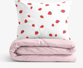Goldea pamut ágyneműhuzat duo - friss szamócák - púderrózsaszín hátoldal 140 x 200 és 70 x 90 cm
