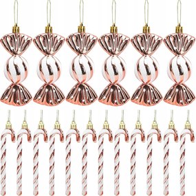 Cukorka alakú karácsonyfadísz rózsaszín-arany színben 18db-os szett