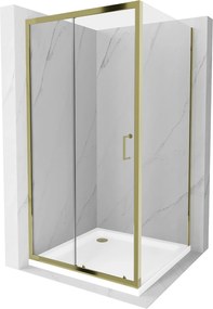 Mexen Apia zuhanykabin tolóajtóval 100 (ajtó) x 100 (fali) cm, 5mm átlátszó üveg, arany profil + fehér SLIM zuhanytálca, 840-100-100-50-00-4010G