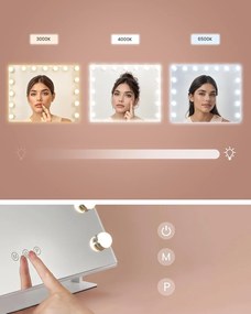 SONGMICS sminktükör világítással, 58 x 43 cm, kozmetikai tükör 15 LED izzóval, matt fehér