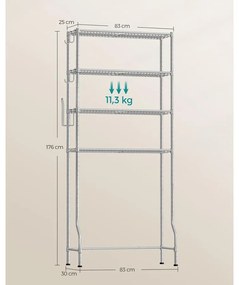 4 szintes tároló a WC felett, fém tároló állvány, állítható polcok, 4 kampó, ezüstszürke