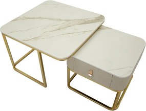 Krémszínű-aranyszínű dohányzóasztal szett márvány dekorral, 2 db-os 50x70 cm Beauty – Mauro Ferretti