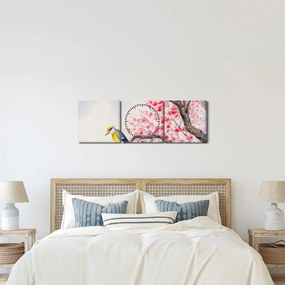 Kép - Madár egy fán, piros virágokkal (órával) (90x30 cm)