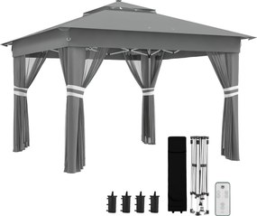 Outsunny Összecsukható Pavilon kb. 3 x 3 m, LED világítással, 4 Rácsos Függönnyel, Oldalfallal, Kerti Pavilon Vízsúlyzóval, Két Rétegű Tetővel, Hordtá